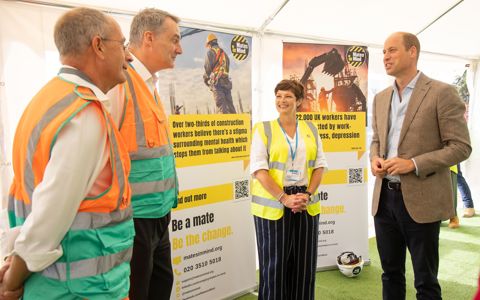 Prince William visiting a construction site, and talking to Mates in Mind and construction workers about mental health in the industry
