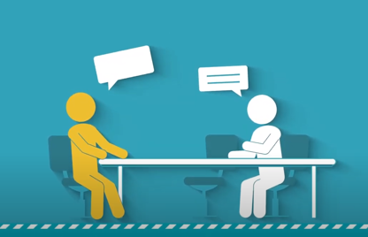 Two computer generated people, one in white, the other in yellow, sitting behind an office desk talking about mental health