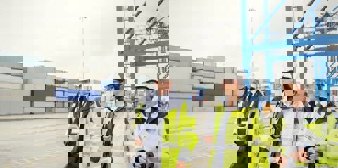 Three people walking along a dock carrying clipboards, with numerous large metal shipping containers stacked up behind them