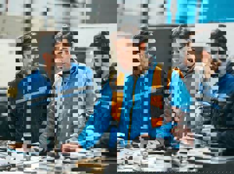 Three men standing behind a workbench in a warehouse, the middle man is talking about his mental health, whilst the other two listen